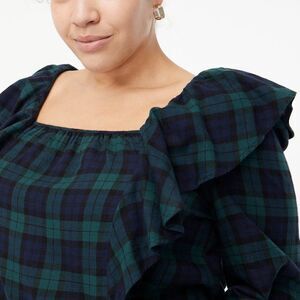 J Crew Cotton Tops Flannel Squareneck Ruffle Plaid Blouse Navy Green Large $79